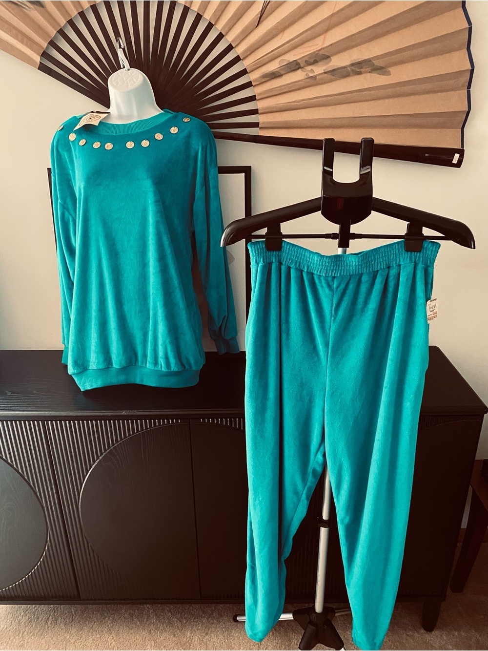 Vintage Victoria Sport Teal Velour Set With Gold Tone Faux Coins